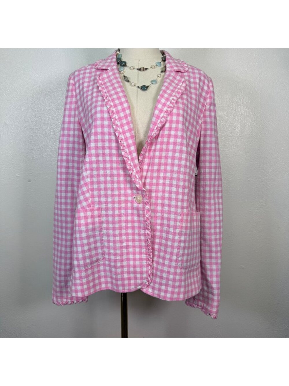 Crown & Ivy Blazer Pink/White Check Gingham Linen Blend Academia Chic Size 10